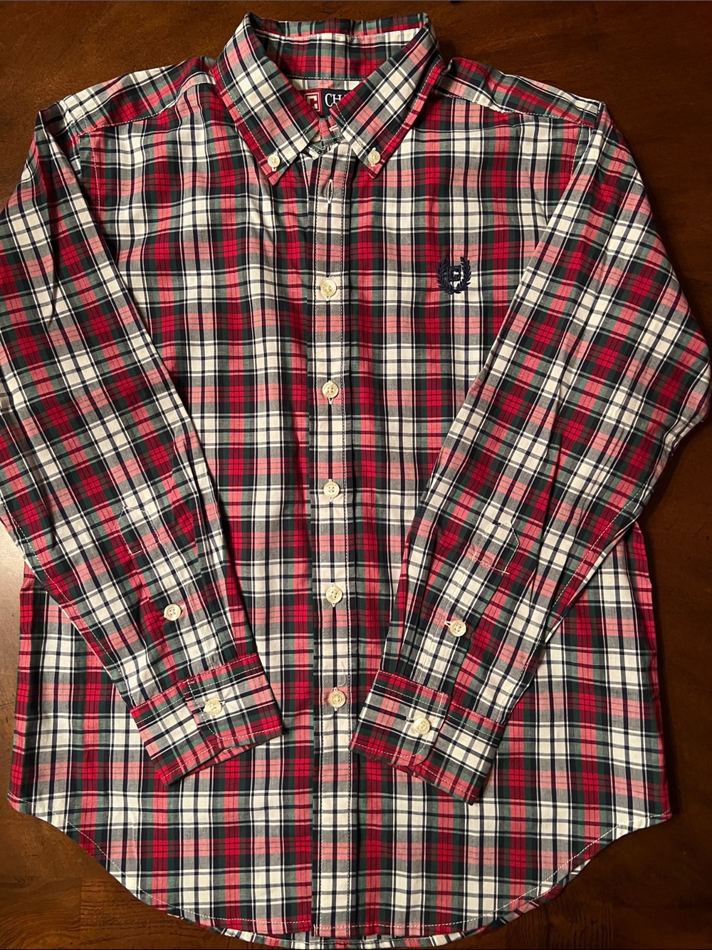Chaps Boys' Red, White & Navy, Green Plaid Button-Down Shirt